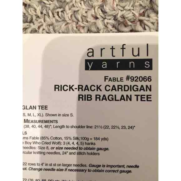 NWT Artful Yarns Fable Pattern 92066 Rick Rack Cardigan Raglan Knitting Pattern - Picture 3 of 3